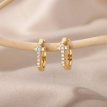 CZ Zircon Crystals Cross Hoop Stainless Steel Small Geometric Round Earrings For Women - Religious Jewellery - The Jewellery Supermarket